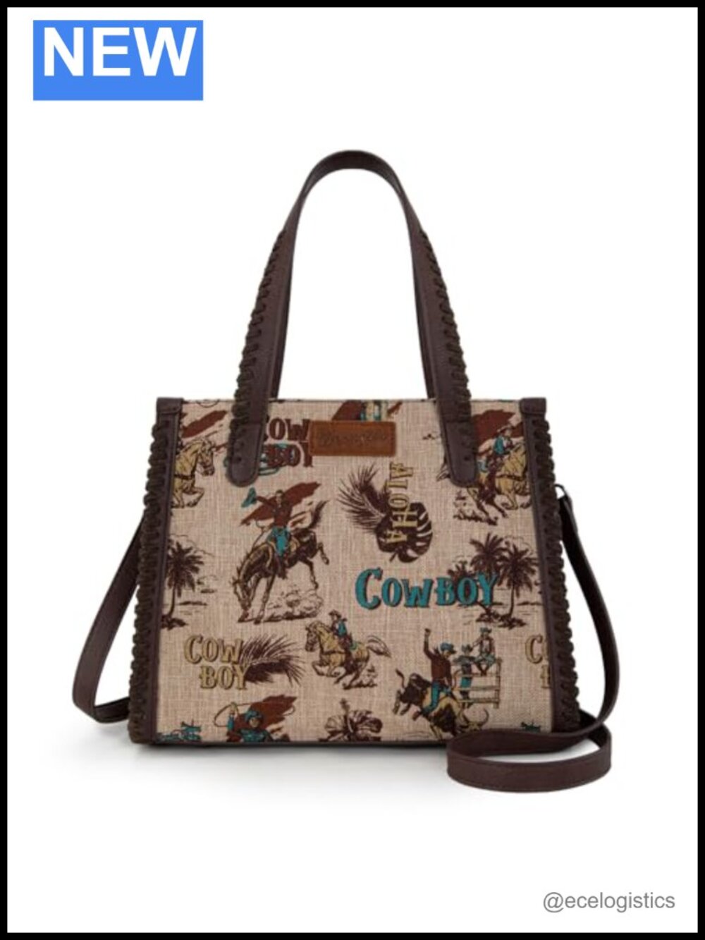 Western Cowboy Print Tote Bag Canvas Vegan Leather Crossbody